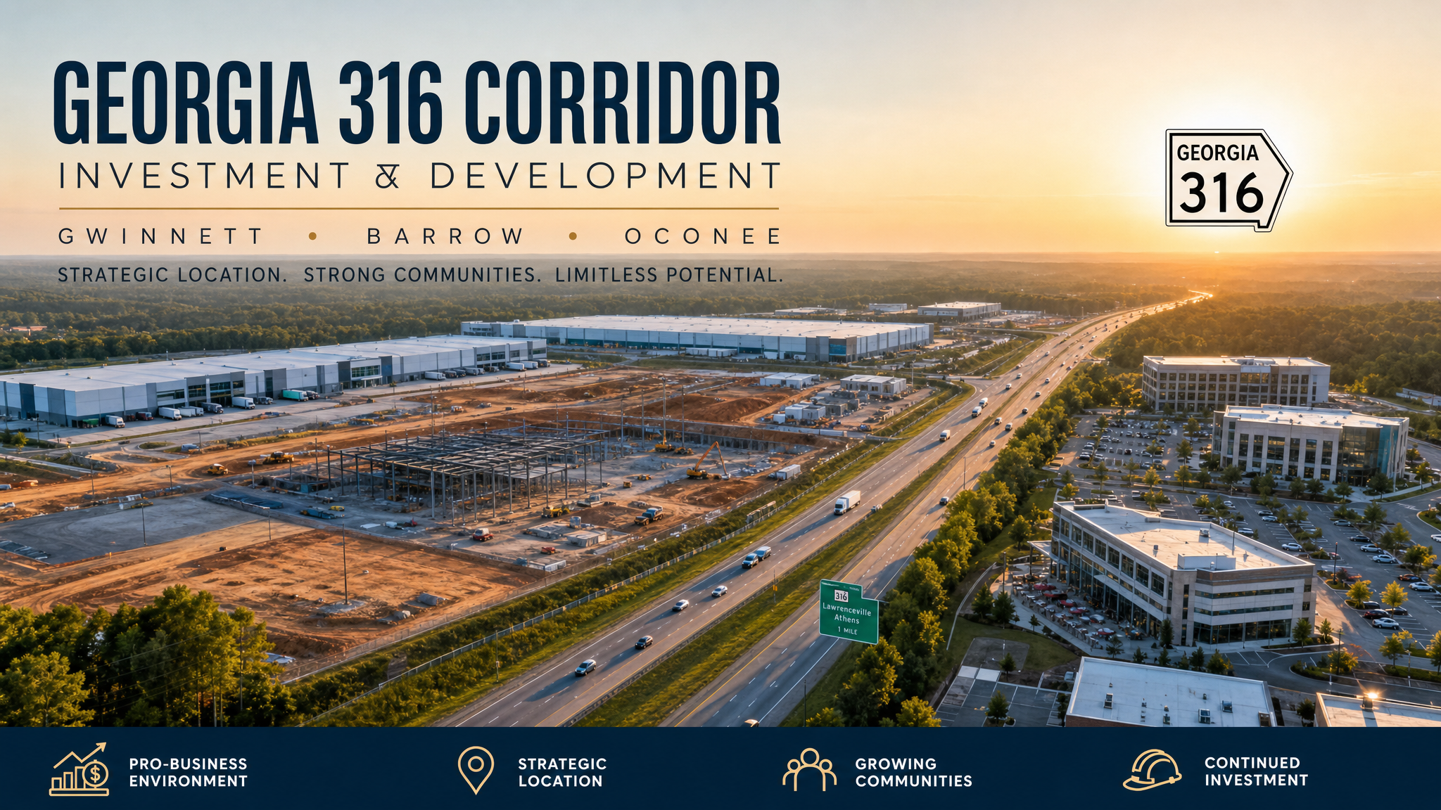 Commercial development and investment activity emerging along the SR 316 corridor in Gwinnett, Barrow, and Oconee counties.
